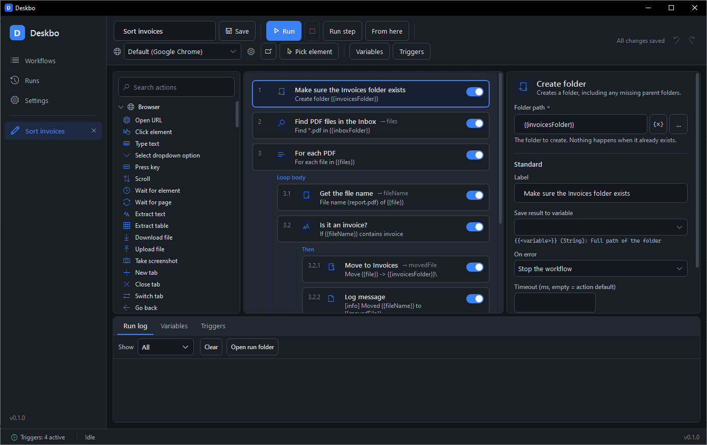 The Deskbo designer in the dark theme, showing the same Sort invoices workflow with dark panels and a dark title bar.
