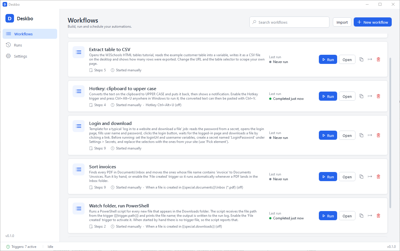 The Workflows page lists saved workflows with a description, step count and trigger summary, each with Run and Open buttons, plus Import and New workflow at the top.